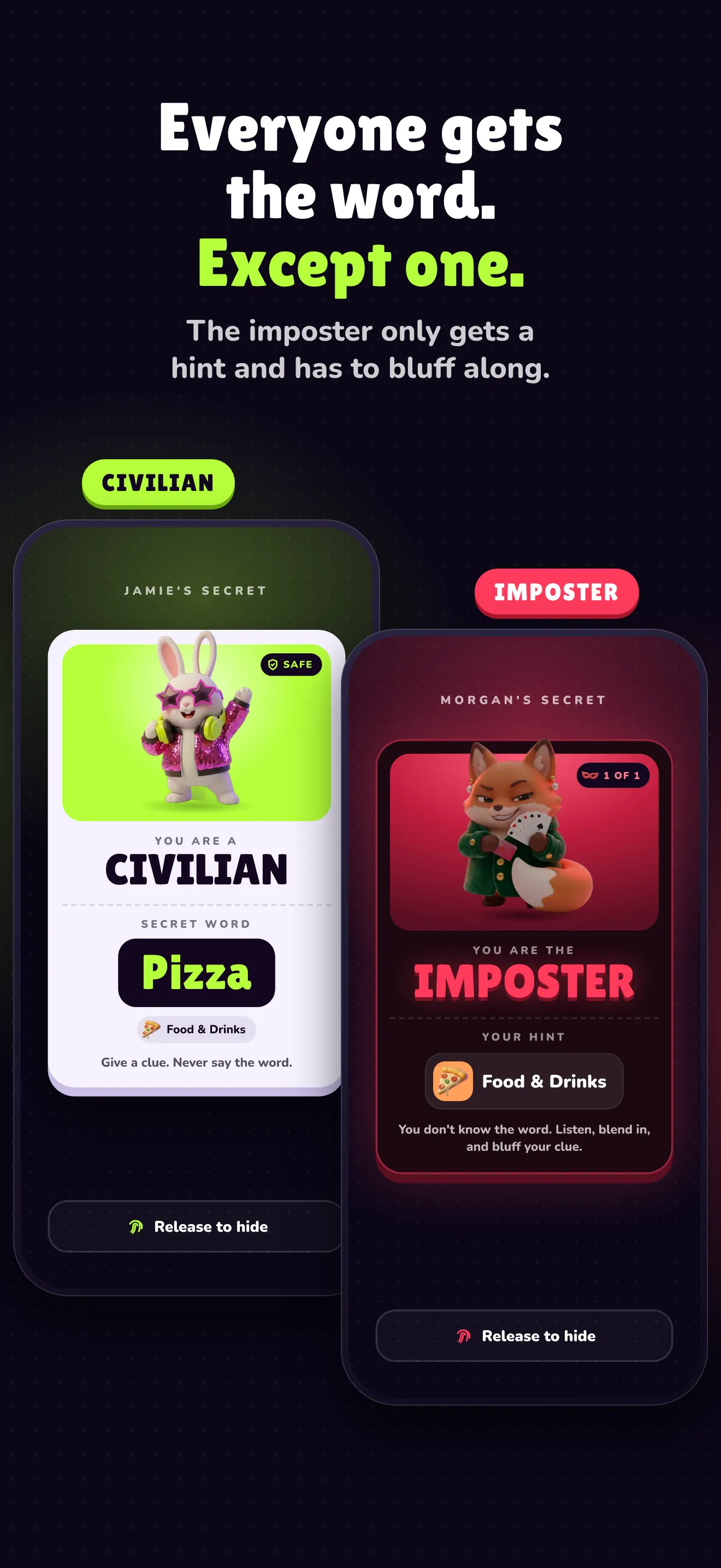 Imposter Club screenshot: civilian and imposter role cards