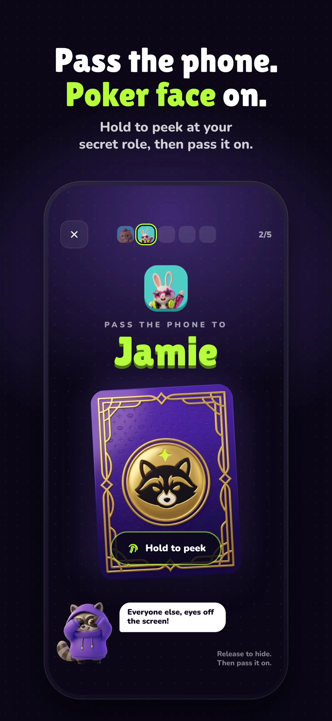 Imposter Club screenshot: Pass the phone. Poker face on.