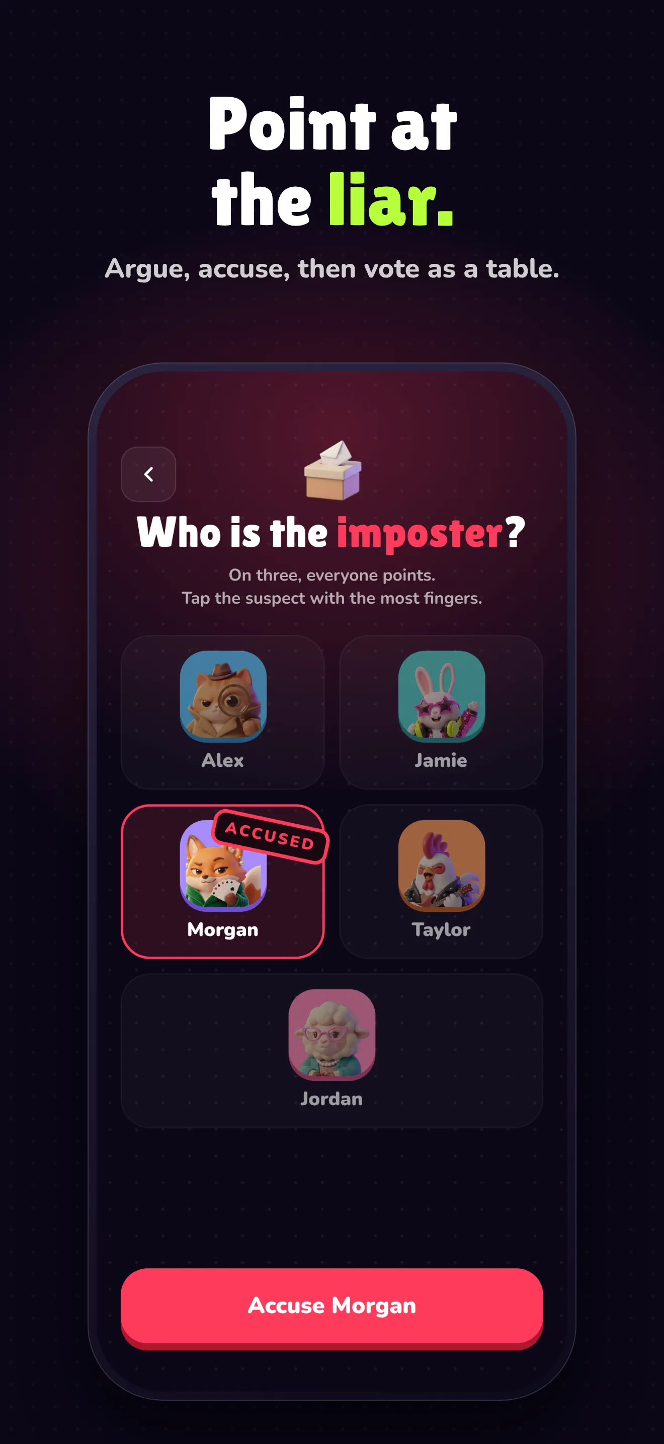 Imposter Club screenshot: the table votes on who the liar is