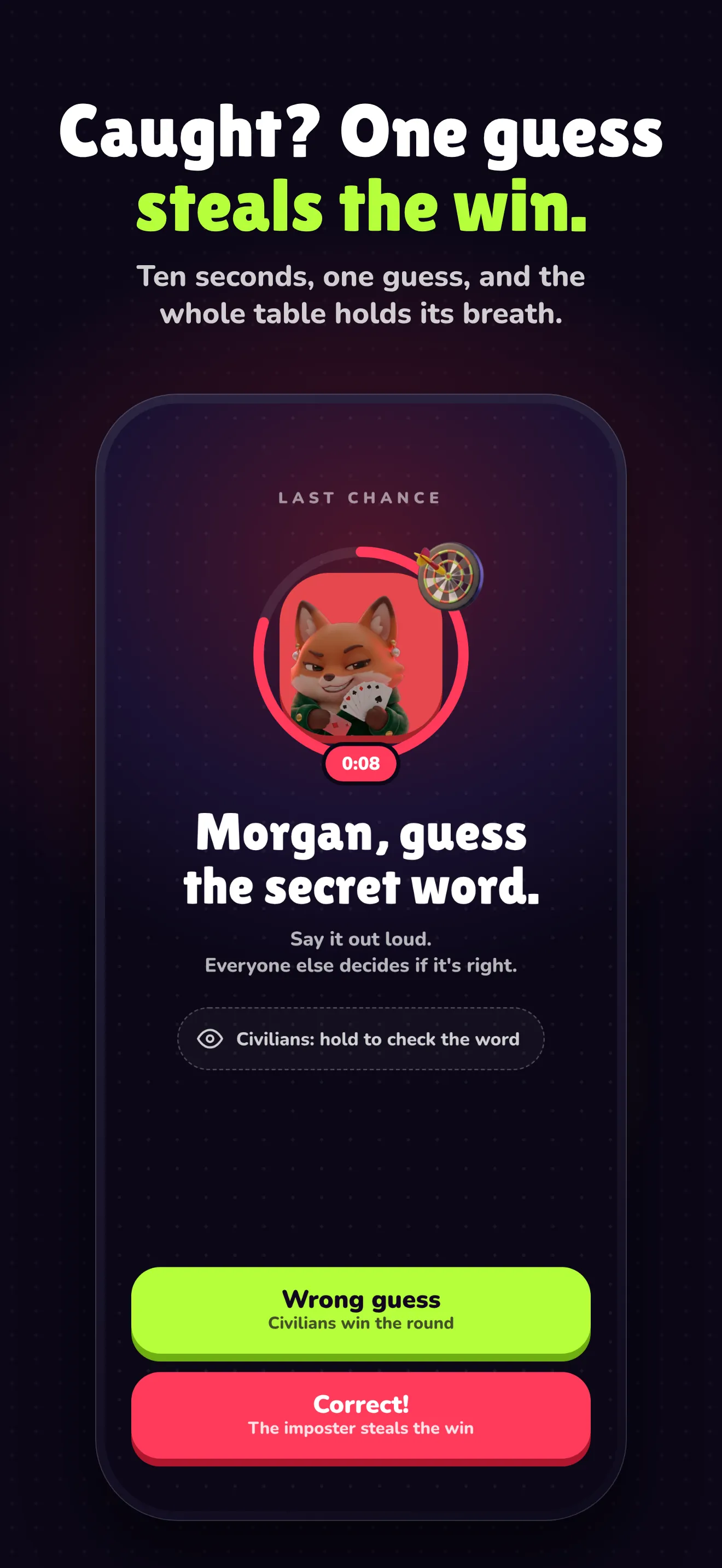 Imposter Club screenshot: Caught? One guess steals the win.