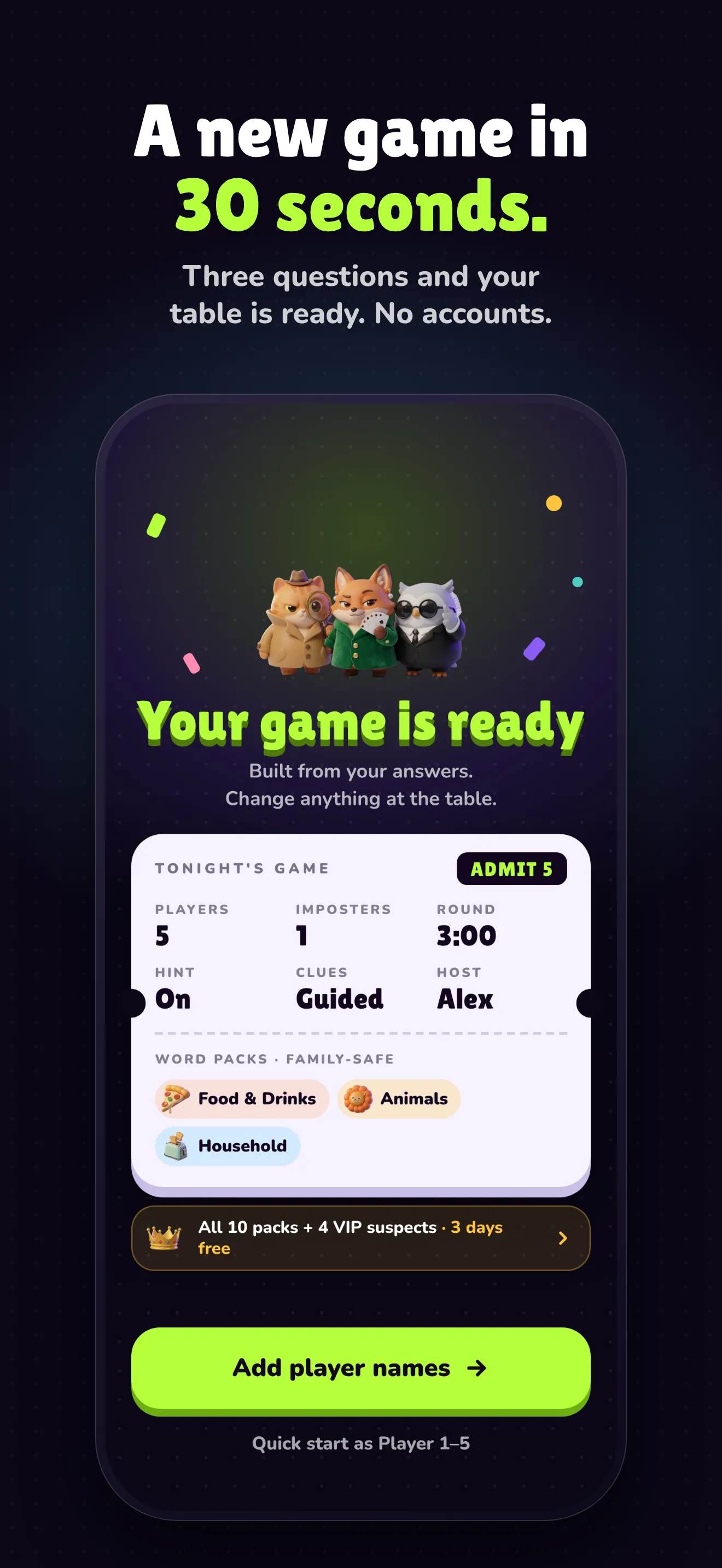 Imposter Club screenshot: A new game in 30 seconds.
